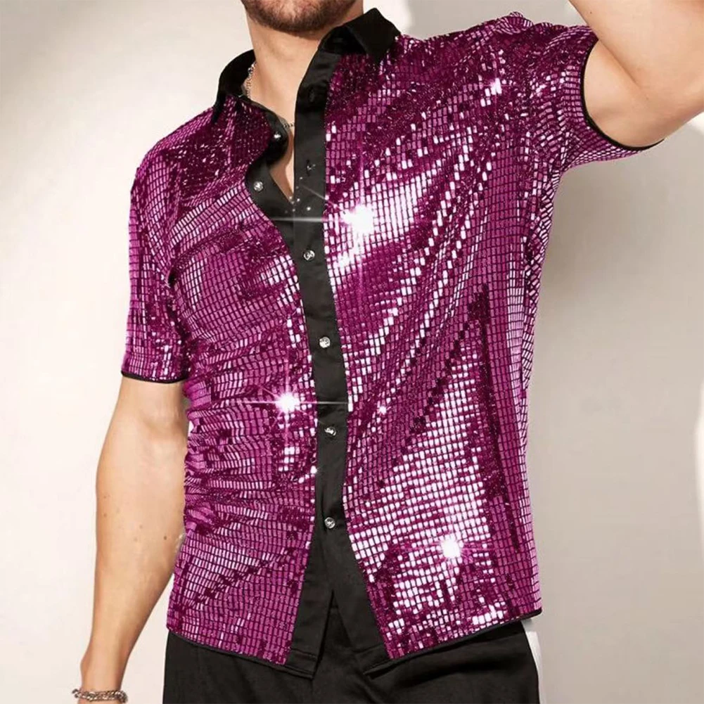 Herren Vintage 70er Disco Club Hemd Glänzende Pailletten Kurzarm Button-Down-Hemd – Detail 8