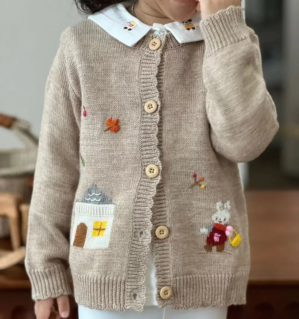 

Детская одежда, детское пальто, шерстяной кардиган для мальчиков и девочек, высококачественный вязаный свитер с ручной вышивкой и мультяшным рисунком