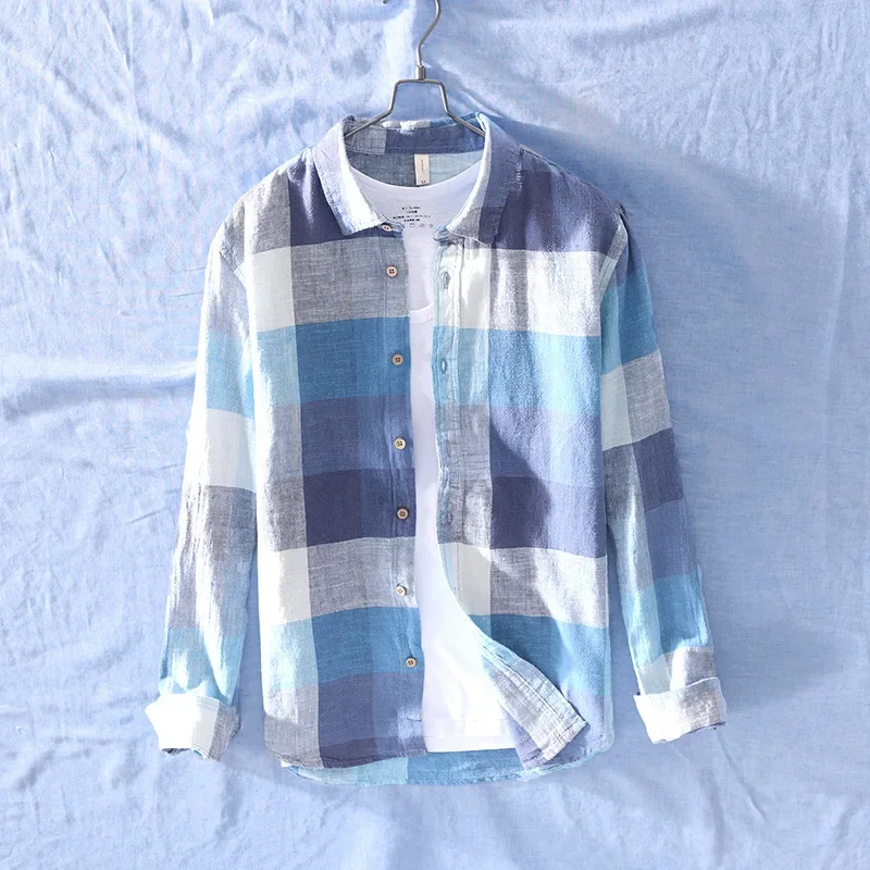 Cotton Linen Casual Plaid Shirts for Men Long Sleeve Tops Male Loose Turn-down Collar Fashion cotton shirt,long sleeve shirt,men casual shirt