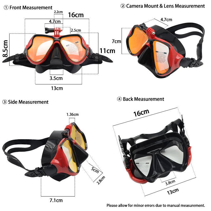 전문가용 대형 프레임 스노클링 다이빙 마스크(카메라 마운트 포함): 다양한 수상 스포츠용 강화유리 스노클 고글