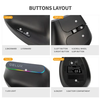 Delux M618C Wireless Silent Ergonomic Vertical 6 Buttons Gaming Mouse USB Receiver RGB 1600 DPI