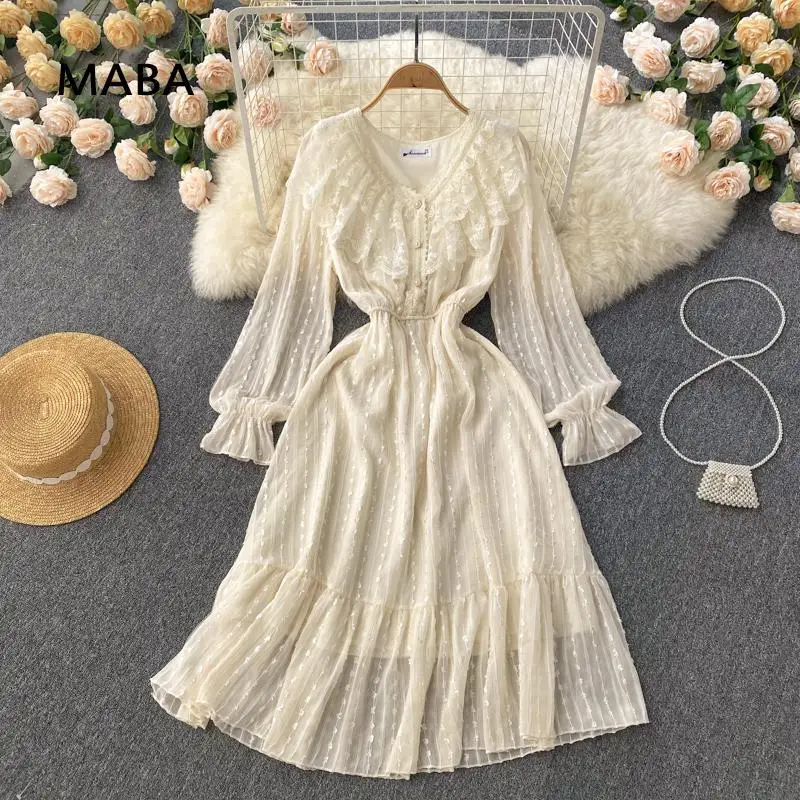 

New Women Chiffon White Dress Spring V-neck Flare Long Sleeve High Waist Ruffle A-line Sweet Dress One Piece Korea