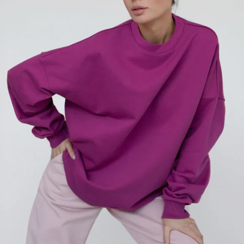 Purple Round New Neck Cotton Loose Pullover Woman Clothes Long Sleeve Simple Winter Sweatshirt Women Fashion Casual Sporty 2021