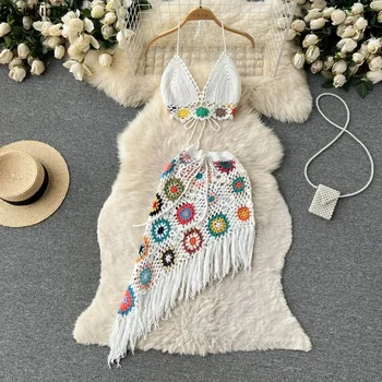 2025Women's Summer Bohemian Style Holiday knitted Set Tassel Halter Top WithSkirt Set Knitted Skirt Suit Two Piece Set for Women