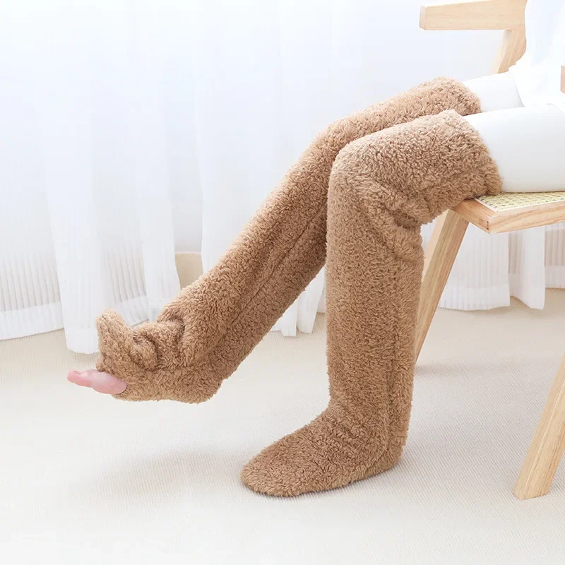 Winter Thigh High Socks Women Over Knee Long Socks Double-sided Fleece Stockings Socks Solid Color Plush Leg Warmers Home Office
