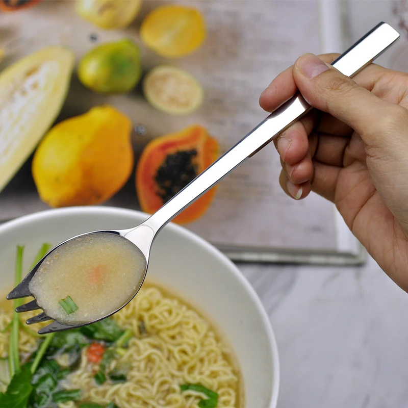 Stainless Steel Fruit Fork Spoon Long Handle Ice Cream Salad Dessert Tableware Western Multi-Function Silver Spork