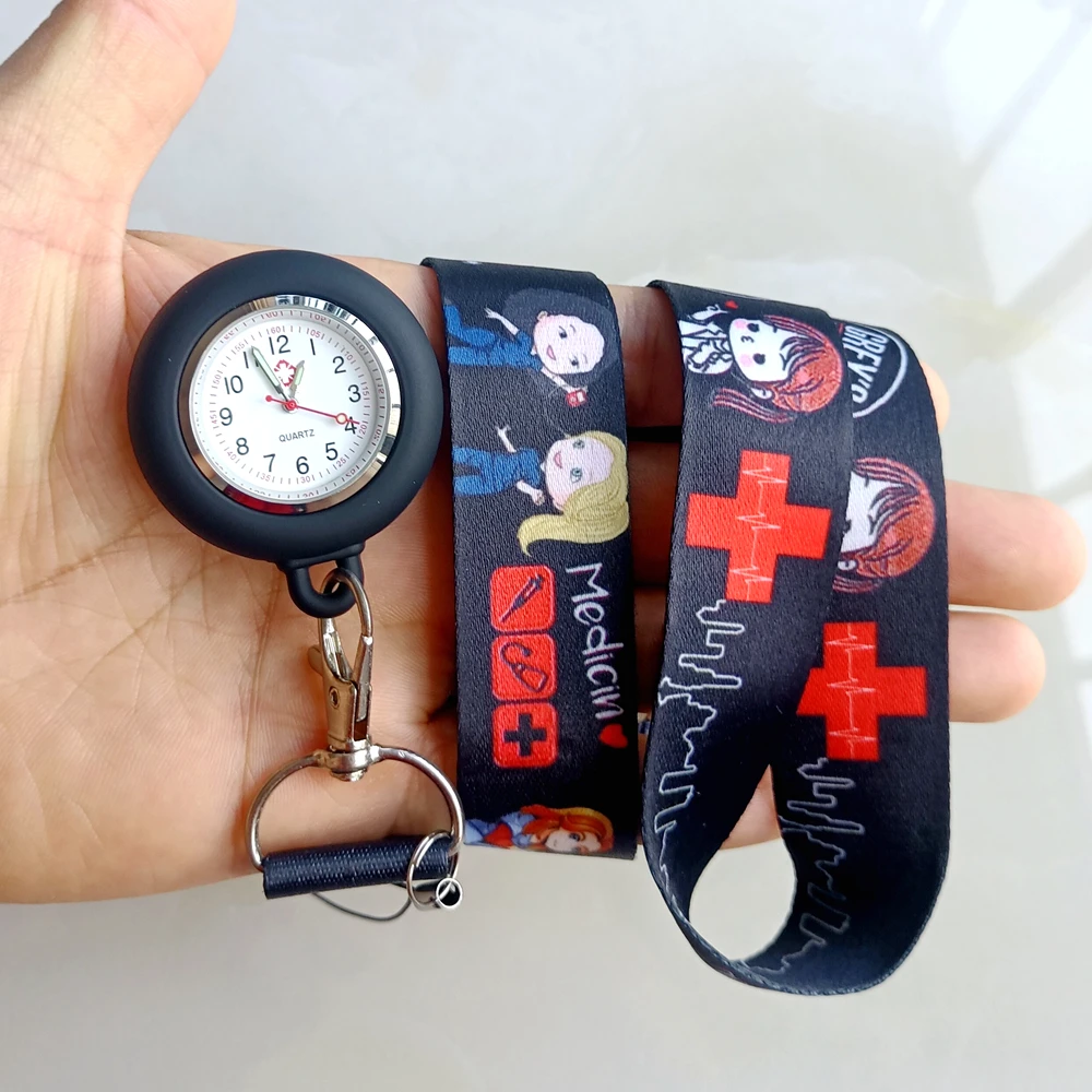 Quartz Watch Pocket Watch Cartoon Printing Lanyards Rope Keychains Nurse Doctor Hospital Medical Name Card Holders Quartz Pocket Watches Hang Clock Gifts