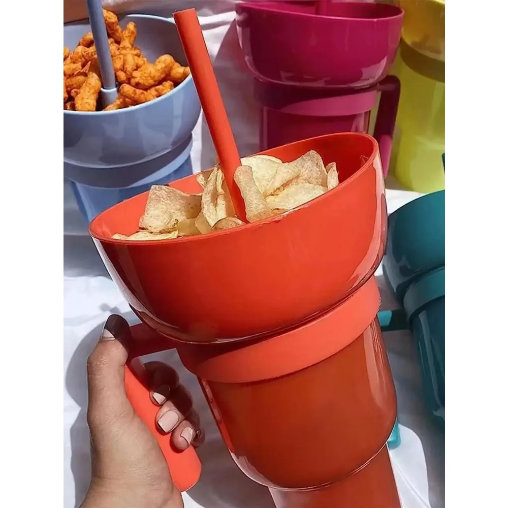 2In1 Snack Bowl Drink Cup With Straw Stadium Tumbler Water Bottle Straw Splash Proof Leakproof Portable Adults Kids Cinema Trip snack bowl drink cup