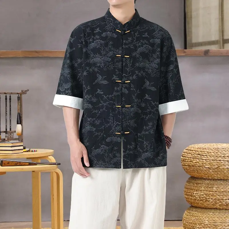Camisa ligera con cuello mandarín para hombre, camisa estampada de estilo chino de verano, diseño Oriental, ropa Cultural informal, Top M-5XL