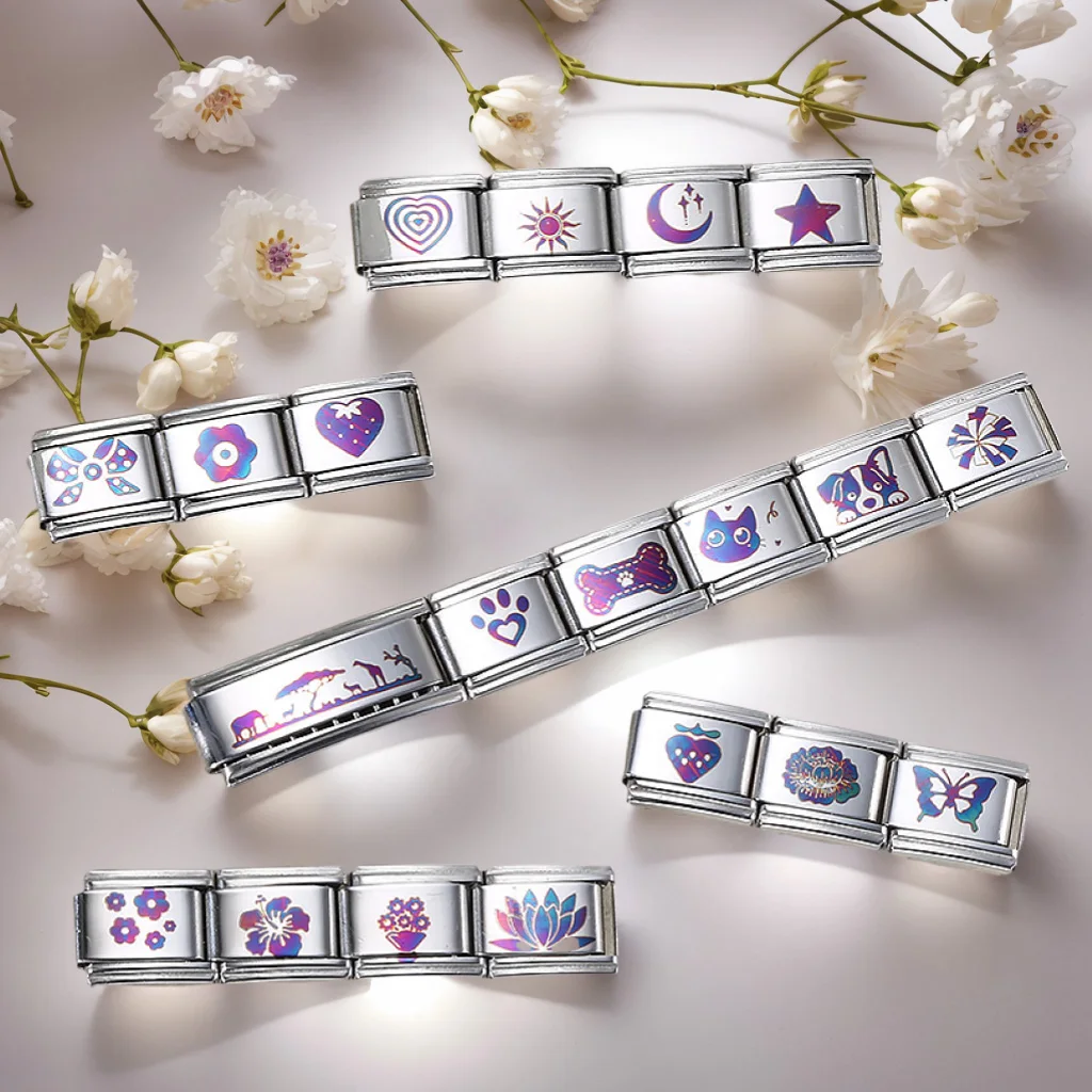 URING Herz Schmetterling Blume Stern Mond Katze Hund UV Laser Gravieren Italienischen Charm Link Fit 9mm Edelstahl Armband schmuck