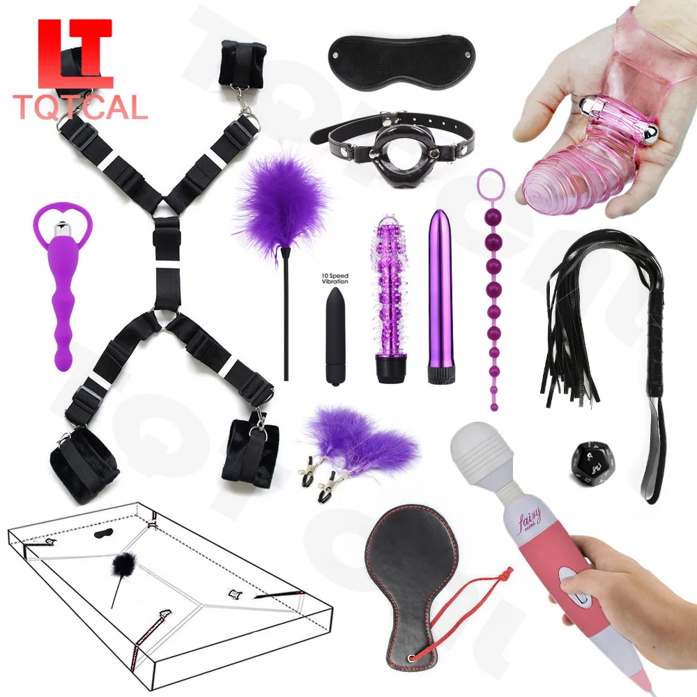 

15pcs Bdsm Kit Erotic Bed Sex Restraint Fetish Bondage Set Restraints Handcuffs Wrists & Ankle Cuffs Vibrator Sex Toys for Women