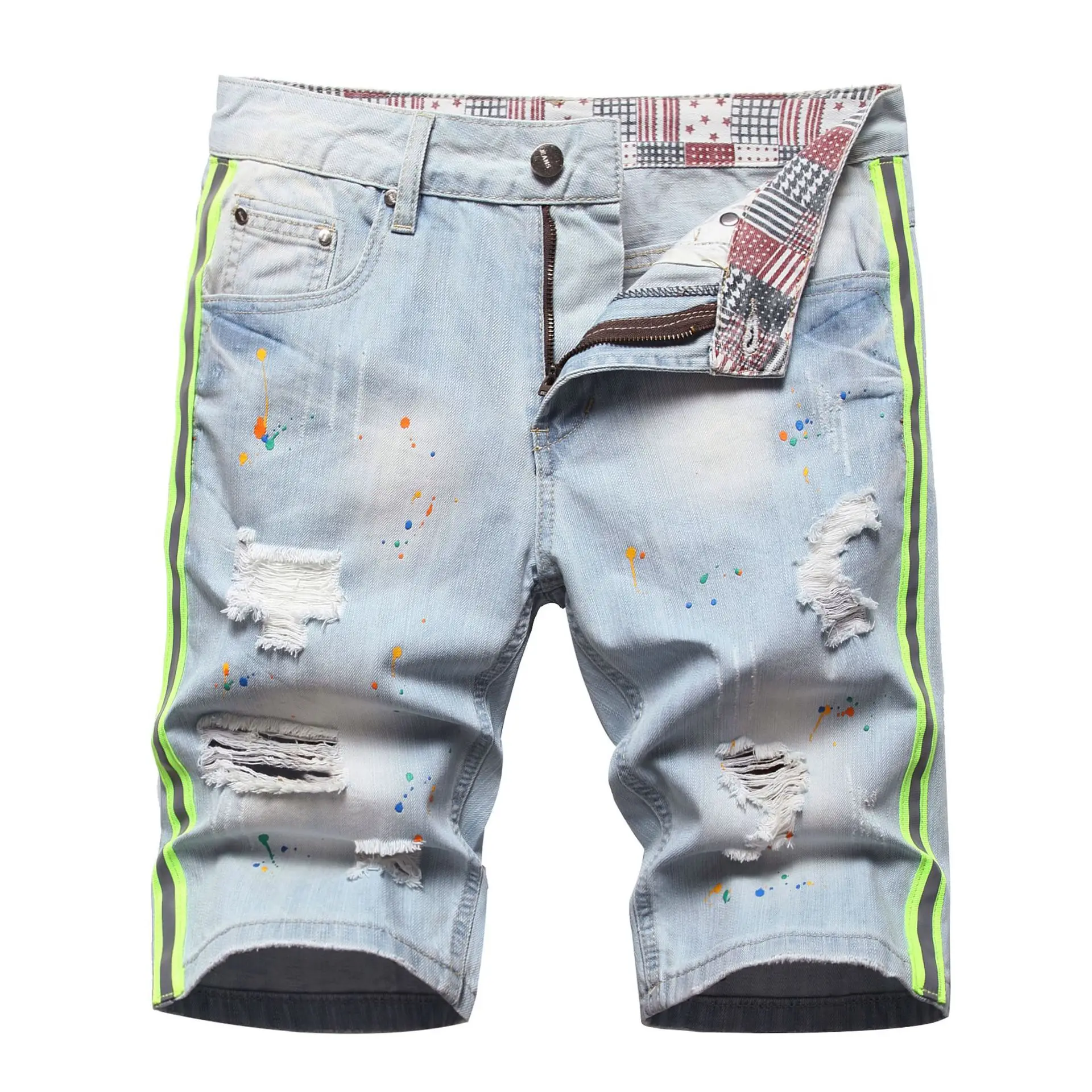 

2022Summer New Men Vintage Ripped Short Jeans Denim Shorts Men's ripped hand painted colorful lacquer denim shorts Large size42
