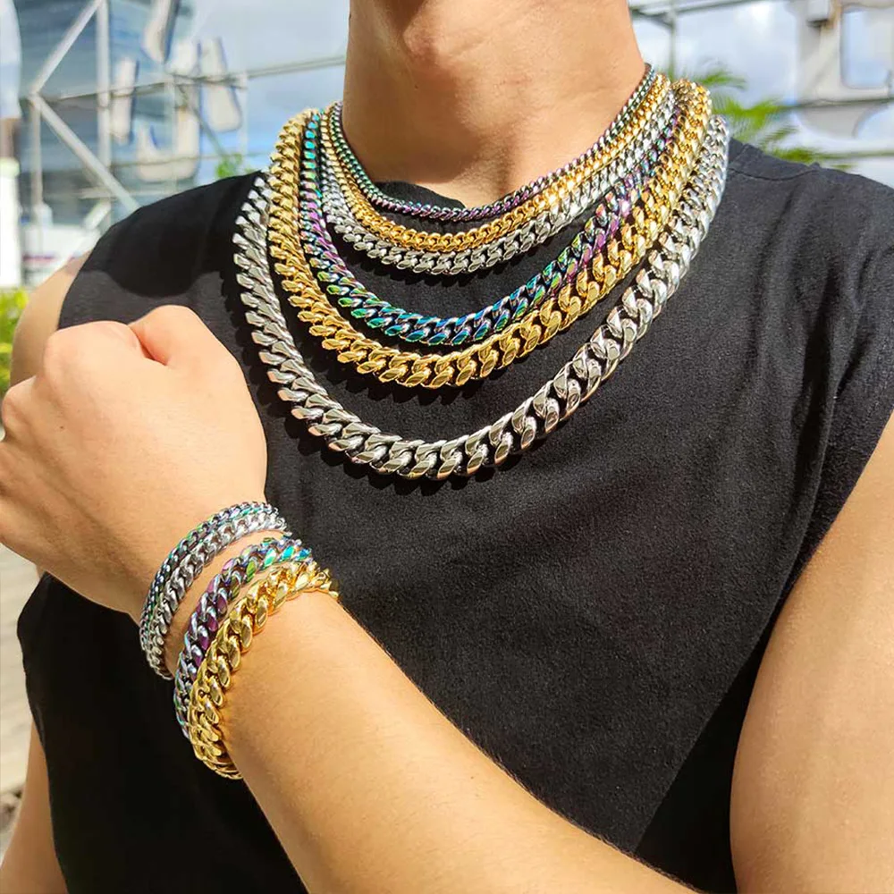 Cuban Chain Hiphop Rock Party Stainless Steel Jewelry Silver Gold Plated Luxury Men Necklace