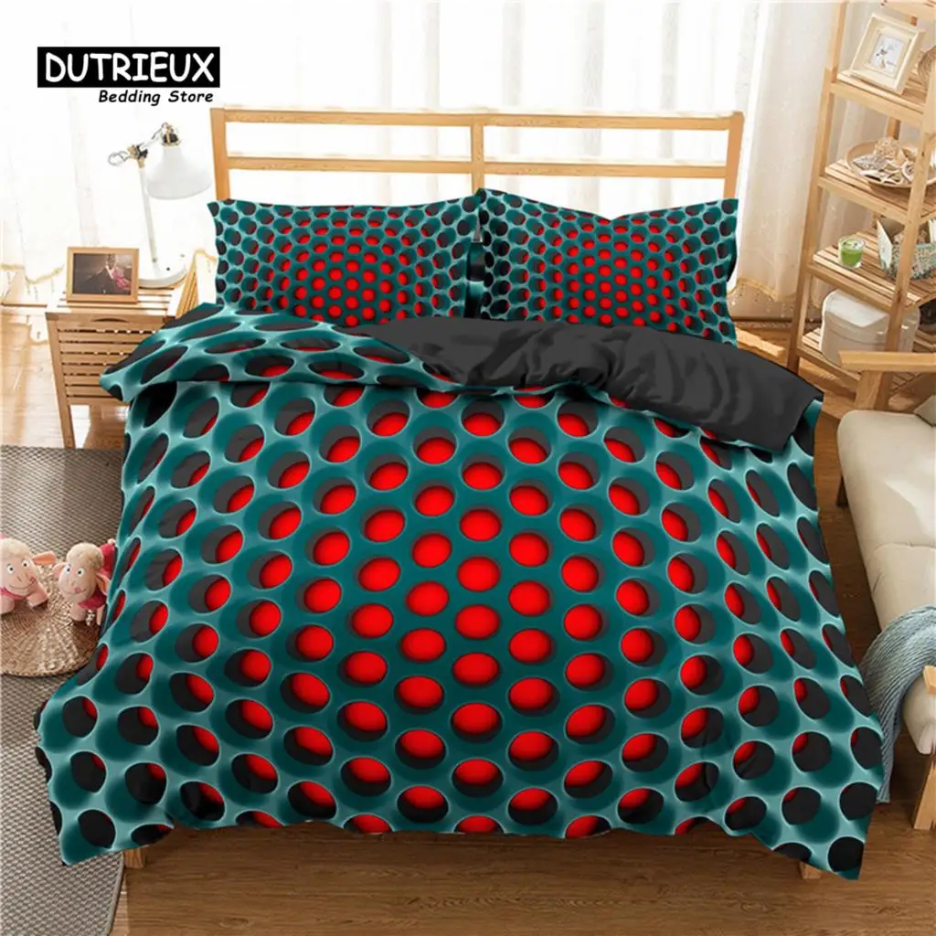 Soft Red Green Geometric Duvet Cover Set King For Kids Adult Microfiber Honeycomb Geometry Abstract Art Bedding Set Room Decor