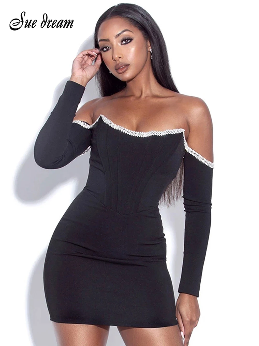 

2021 New Products Women'S Corset Bodycon Long Sleeve Sexy Off Shoulder Halter Bandage Mini Dress Crystal Celebrity Club Party
