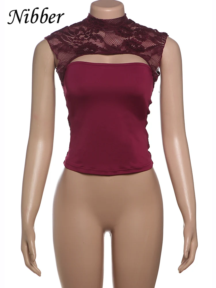 Nibber Jacquard Patchwork Tank Tops Women Sexy Hollow Cleavage See Through Skinny Stretch Trend Midnight Party Chic Clubwear