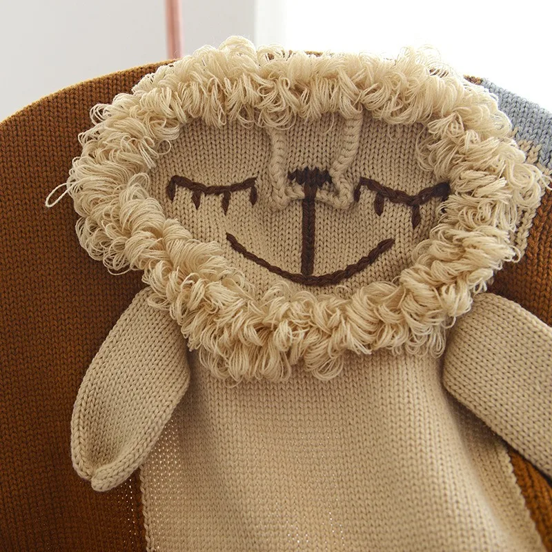 Cotton Crochet Baby Blanket Thermal Blanket with 3D Cartoon Lion Design Knitted Throw for Crib Stroller Infant Toddler