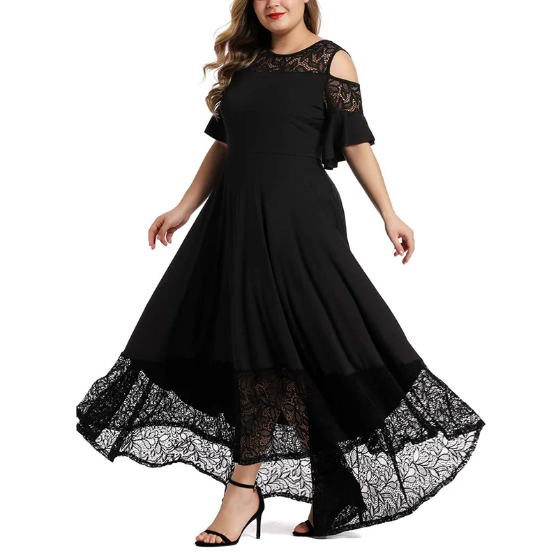 

Sexy Solid Lace Patchwork A-line Party Dress For Women Summer Fashion O-neck Short Hollow Out Sleeve Dress Elegant Lady Vestidos