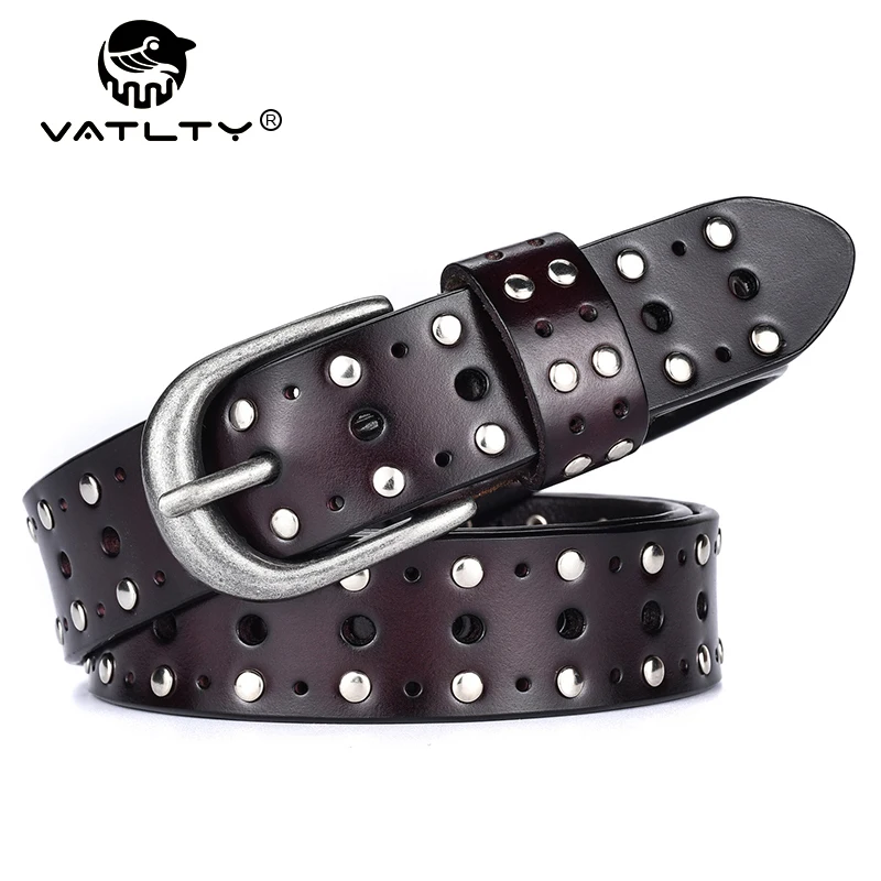 VATLTY 패션 여성용 가죽 벨트 합금 버클 리벳 펑크 벨트 여성 2.5cm 천연 소 가죽 숙녀 힙합 벨트 허리띠