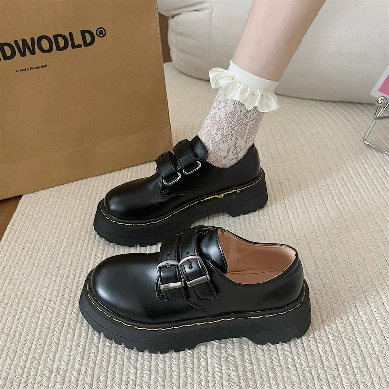 Summer Women's British Style Leather Shoes Thick Bottom Lace-up Black Single Shoes Female Fashion Student Platform