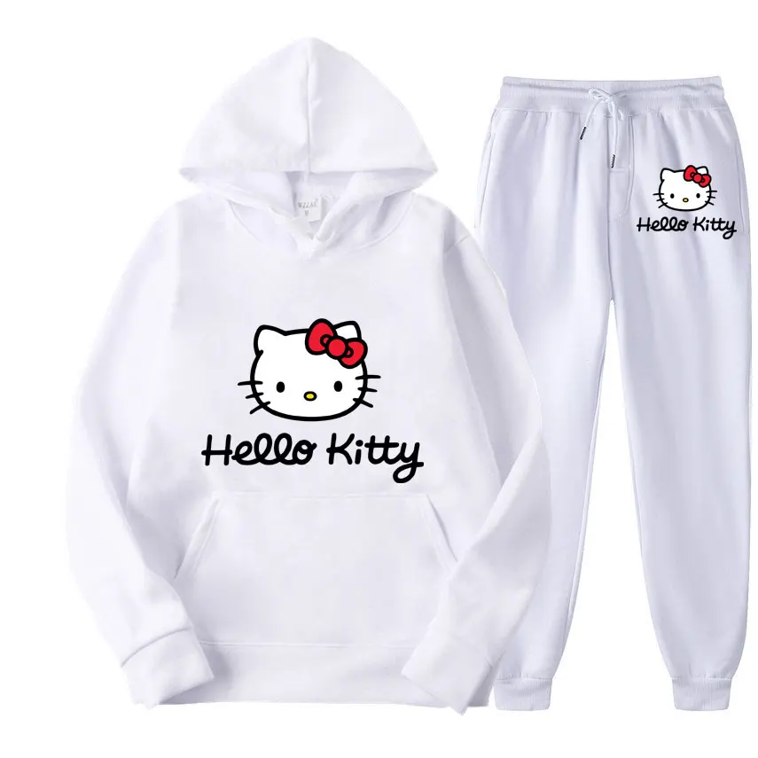 Hello Kitty Cartoon Anime Women Sweatshirt Sweatpants Set Fashion Men Pullover Pants Suit Spring Autumn Couple Hoodie Pant Sets 3