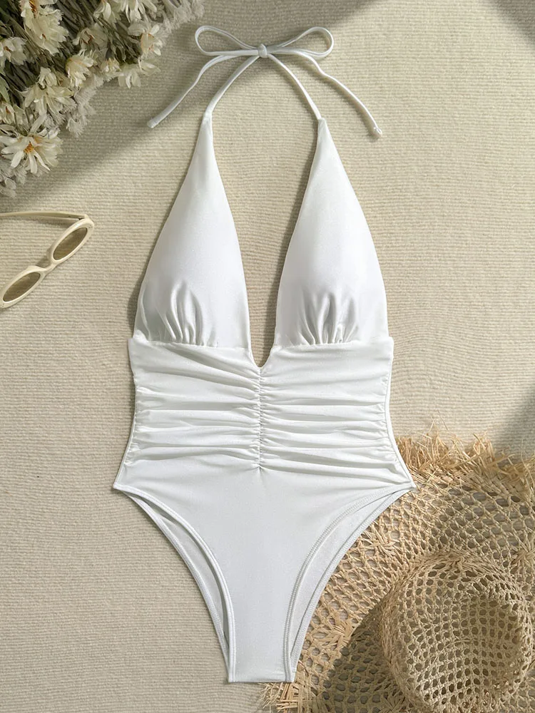 VigoBreviya Solid Halter Swimwear Women Sexy Deep V One Piece Swimsuit Beach Brazilian Monokini Backless Lady Bathing Suit
