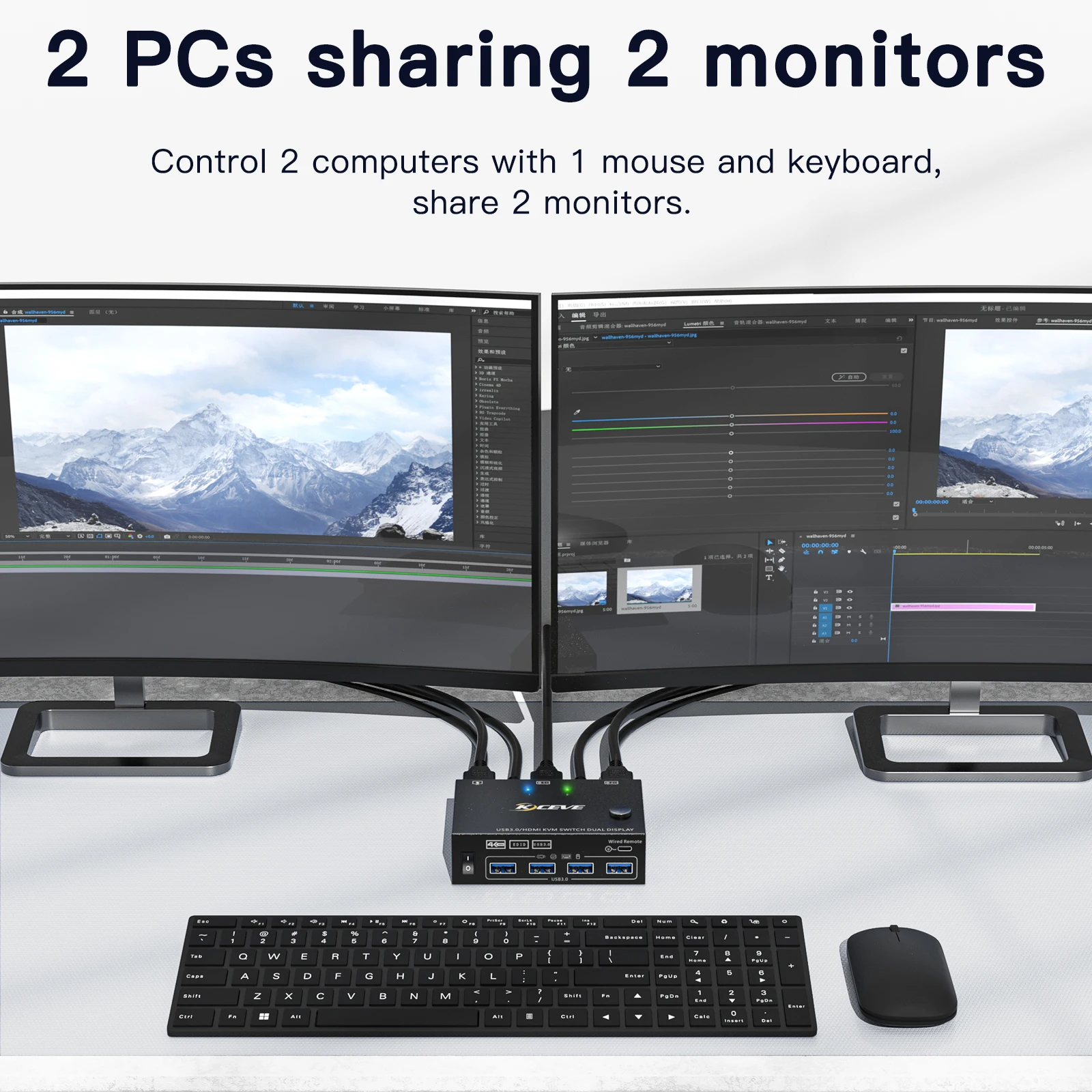 Kceve-hdmi Dual Monitor Usb Extended Display Switcher Kvm Switch Computadores Monitores Portas Usb 3.0 com Simu - Imagem 3