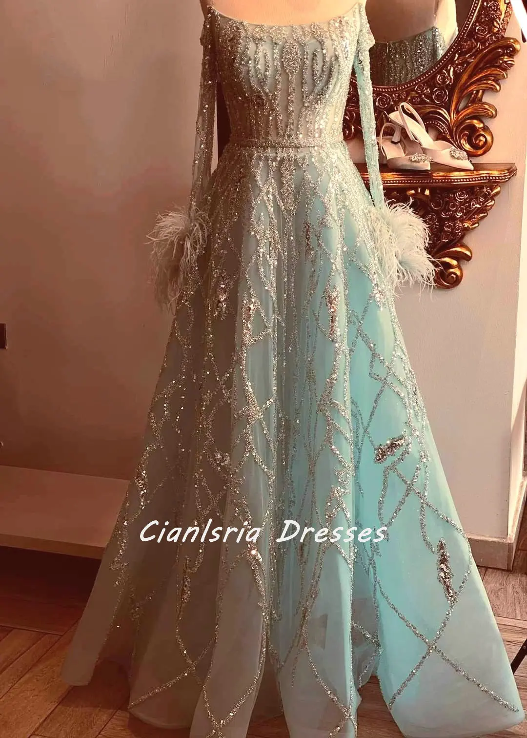 Luxury Long A Line  Evening Dresses Gowns  Beading Feathers Elegant Sexy For Women Party