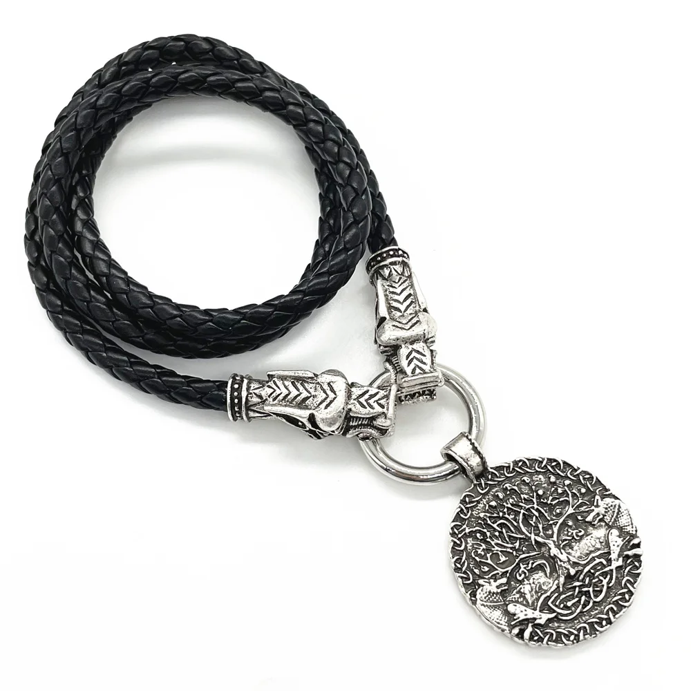 

Wolf Heads Leather Chain Tree Of Life Pendant Wolves Amulet Viking Necklace Men Pagan Talisman Jewelry
