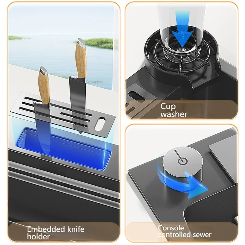 Stainless Steel Kitchen Sink With Waterfall Large Single Slot Dishwashing Multifunctional Sinks Home Improvement Left Drainage