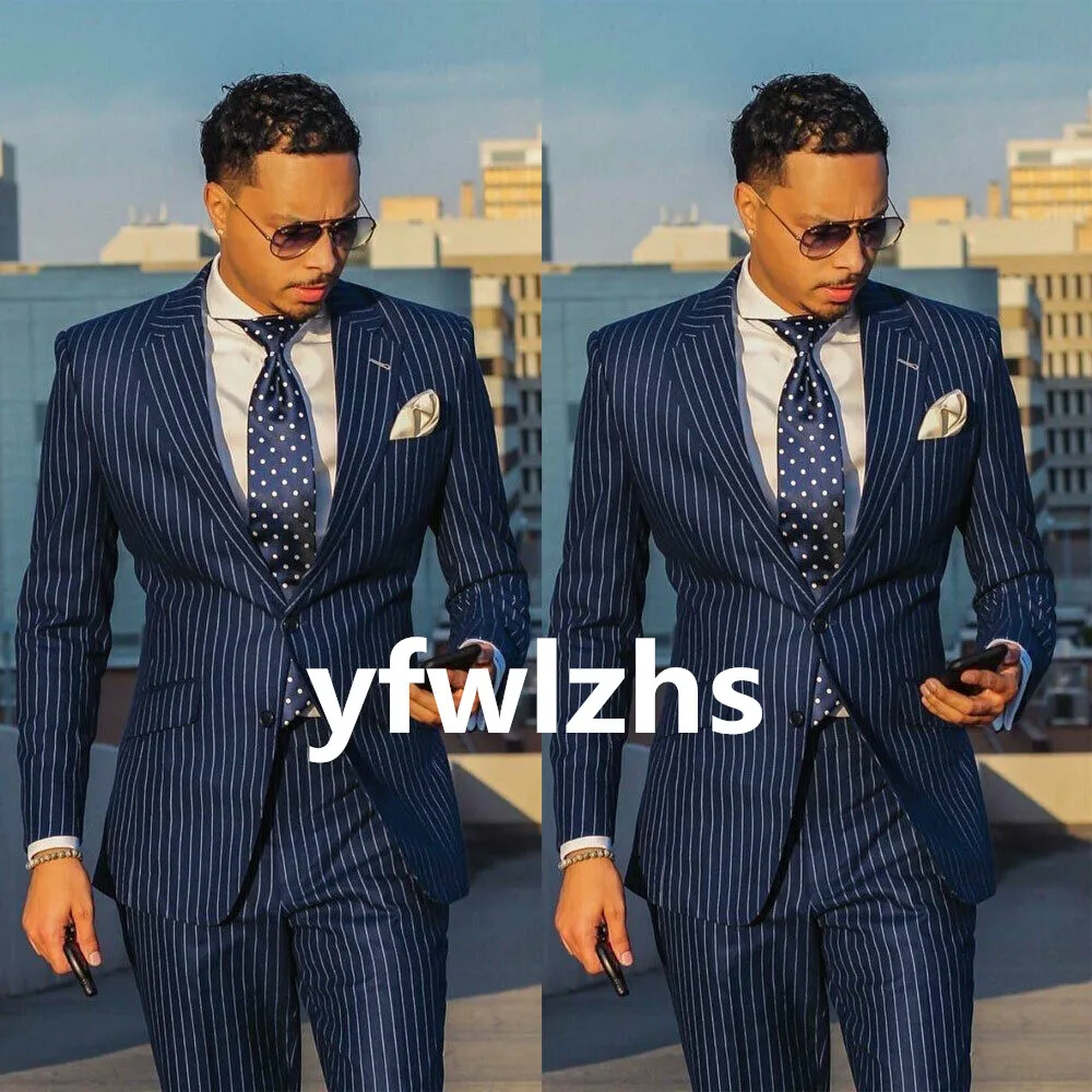 

Customize Men Suits Groomsmen White Stripe Groom Tuxedos Wedding Dress Blazer Prom Dinner (Jacket+Pants+Tie) A392