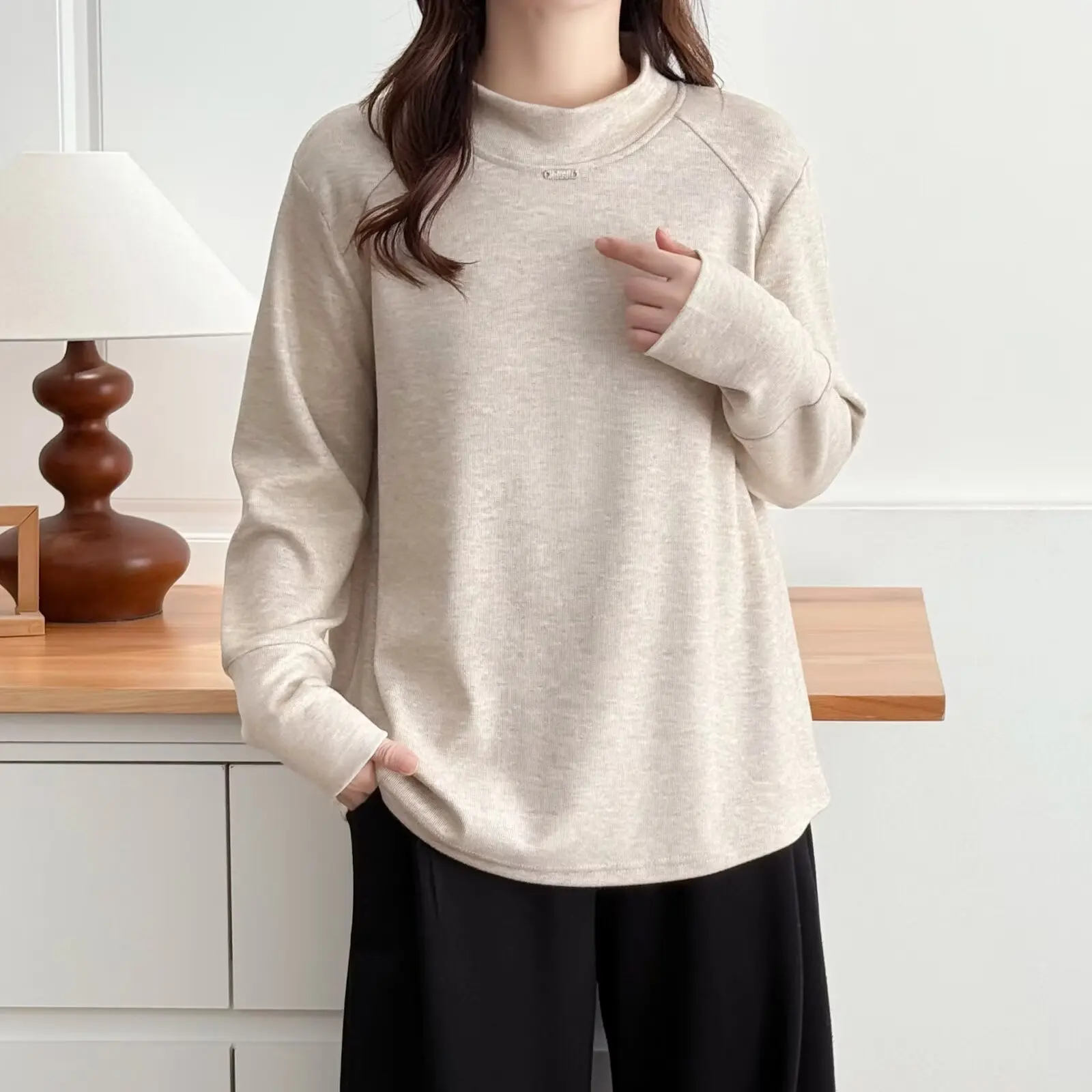 XXXXL Fashion Plus Size Women's T-Shirt Autumn Winter Thickened And Fleece Warm Simple Mock Neck Long Sleeved Base Tops 2551