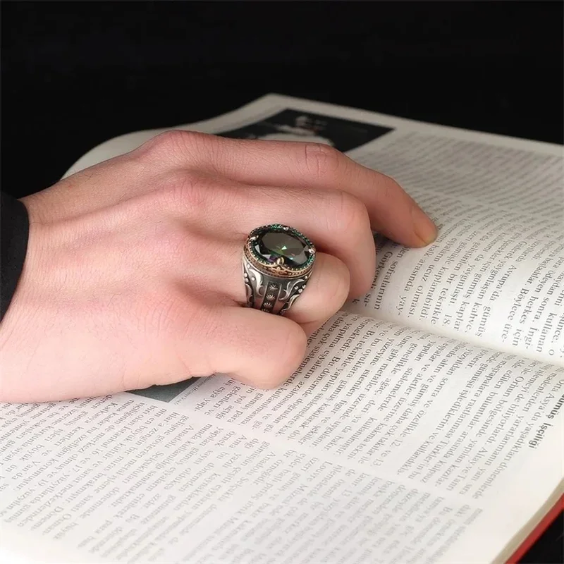 Signet Ring Vintage Handmade Turkish for Men Silver Color Carving Pattern Inlay Zircon Punk