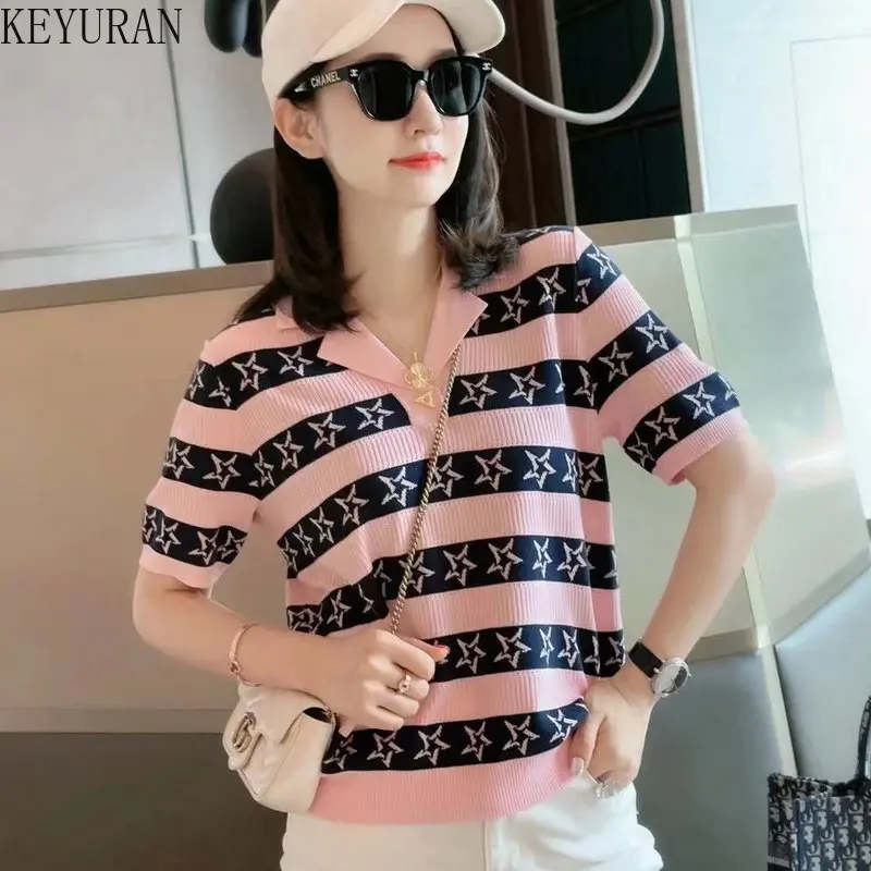 

2023 Summer Ice Silk Knitted TShirt Women Thin Laple Star Jacquard Striped Short Sleeve Sweater Pullover Knitwear Crop Tops Tees
