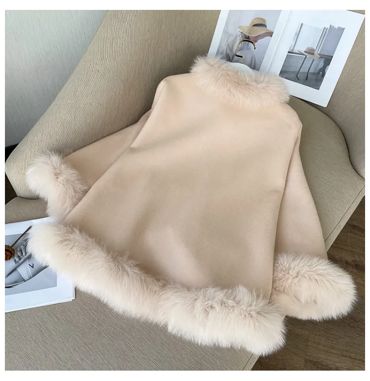 Warme Winterumhänge für Damen, Übergröße, Fledermausärmel, Poncho, 100 % Wollschals mit echtem Fuchspelzbesatz, luxuriöse Wraps – Detail 25
