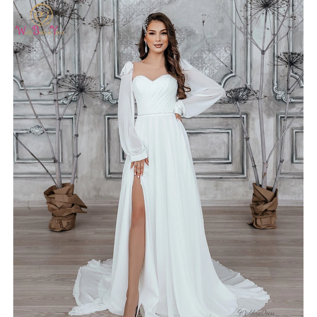 

Chiffon Long Boho Wedding Dress 2022 Puff Full Sleeves Beading Sheer Neck Front High Slit A Line Beach Bridal Gown Women