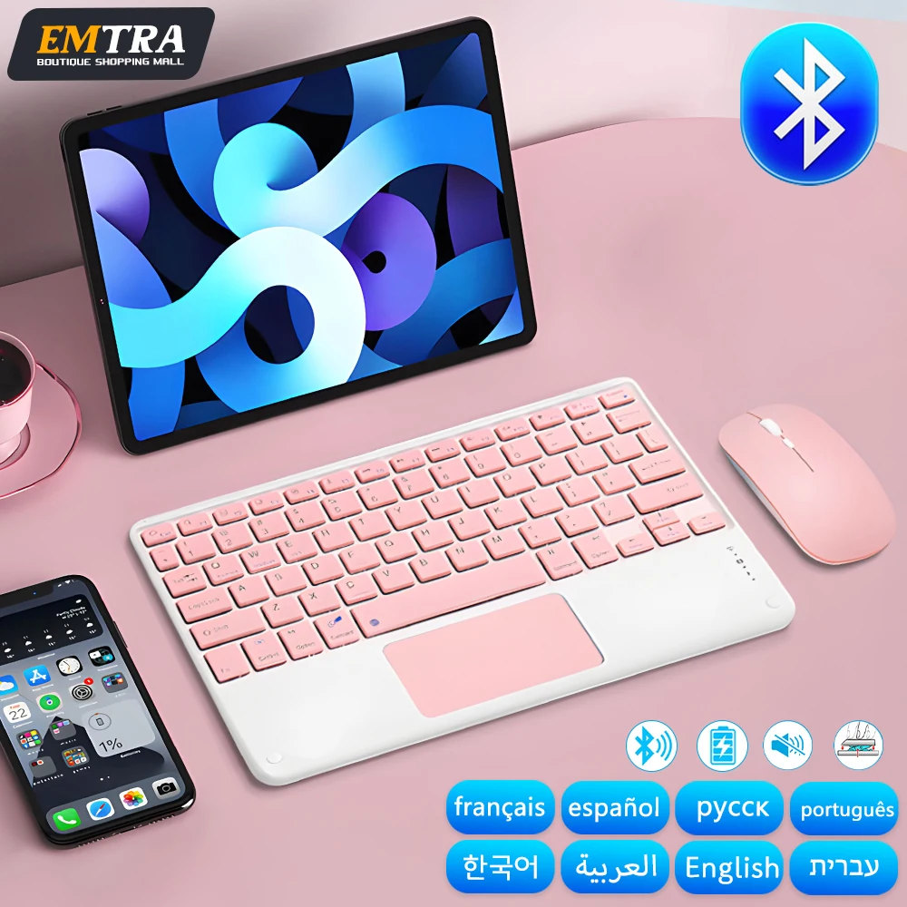 Teclado sem Fio Trackpad para Ios Android Windows Tablet Ipad Air Mini Pro Espanhol Árabe Coreano Russo Kawaii