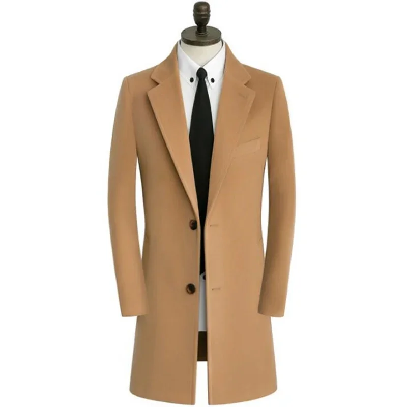 

Korean New Medium Long Woolen Coats Men'S Style Single Breasted Business Suit Collar Camel Fur Trench Cappotto Di Lana Khaki