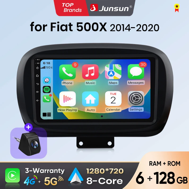 Junsun Android Auto Autoradio für Fiat 500X 2014 2015 2016 2017 2018 2019 2020 Multimedia Wireless Apple CarPlay Intelligente Systeme IPS Touchscreen Stereo Videoplayer 2 Din Autoradio Head Unit Navigation BT GPS 4G WIFI FM AM DSP RDS SWC