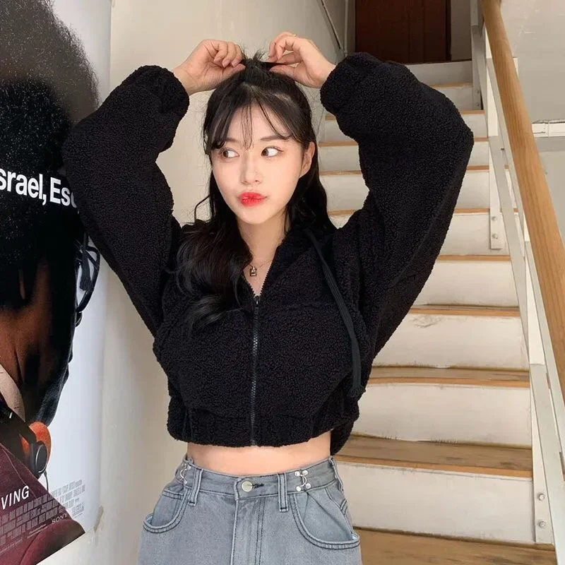 Cute Hairy Sweat Hoodie Autumn Warm Faux Lamb Fur Oversized Black White Women Fleece Sweatershirt Crop Top Loose Pullover y2k