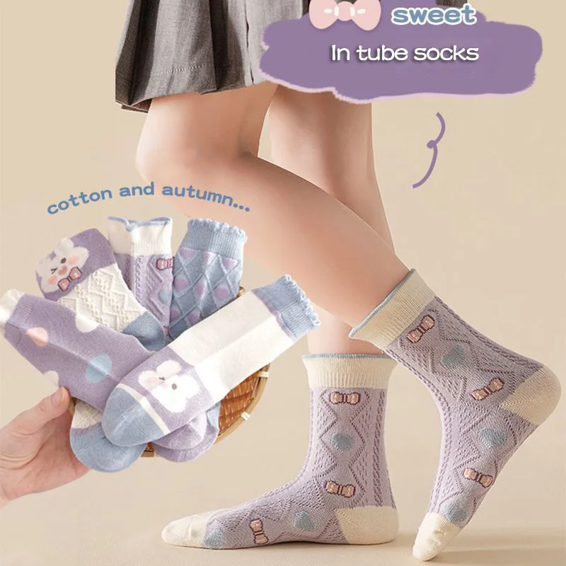 5 Pairs/Lot Cute Rabbit Bow Children Socks Summer Breathable Mesh Girls Middle Tube Socks Kids Casual Cotton Socks 4
