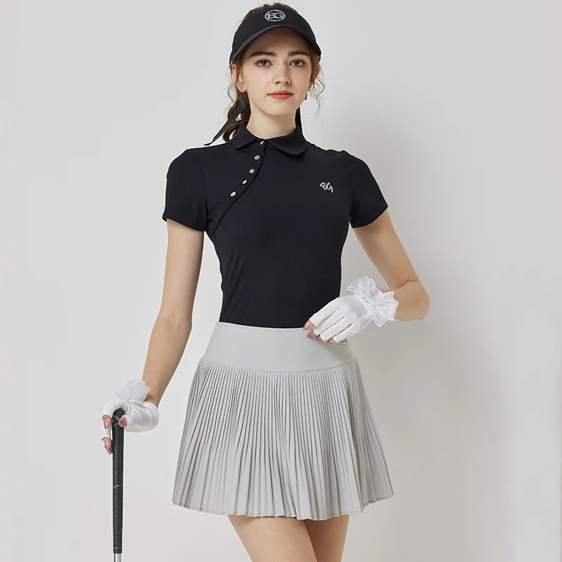 Blktee Women Short Sleeve Golf T-shirt Retro Stand Collar Top Lady Anti-light Pleated Skirt Soft High-waisted Culottes Golf Sets