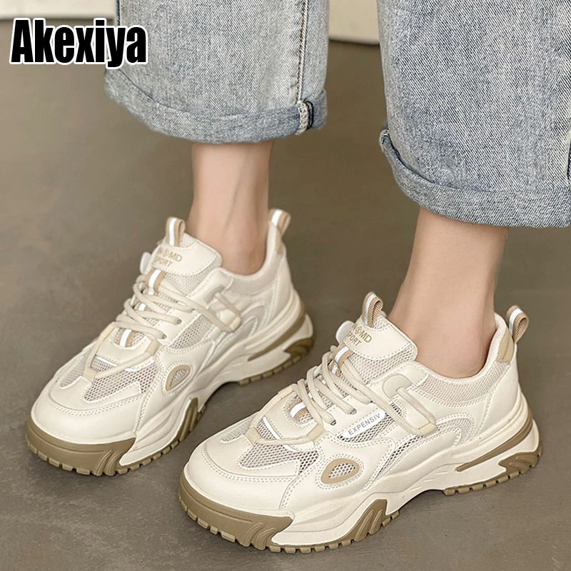 Zapatillas de deporte gruesas para mujer, zapatos transpirables ocio, color blanco, beige, 2022| | -