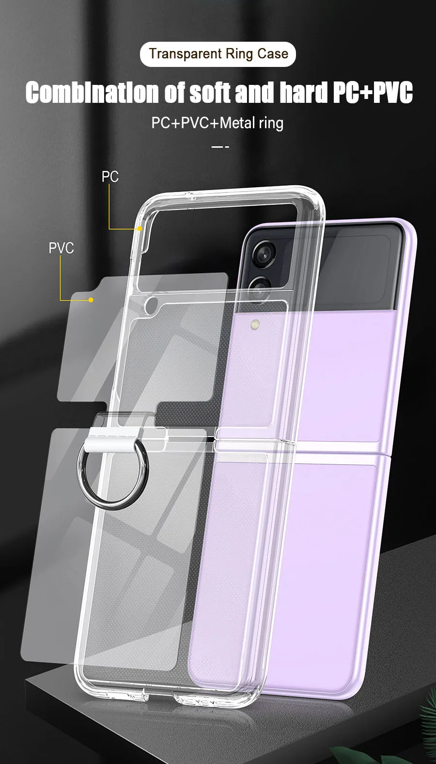 Z Flip 3 Case Ring Holder For Samsung Z Flip 3 4 5G Cover ZFlip3 Flip3 Flip4 Transparent Matte PC+PVC Shell Phone Cases case for samsung z flip 3