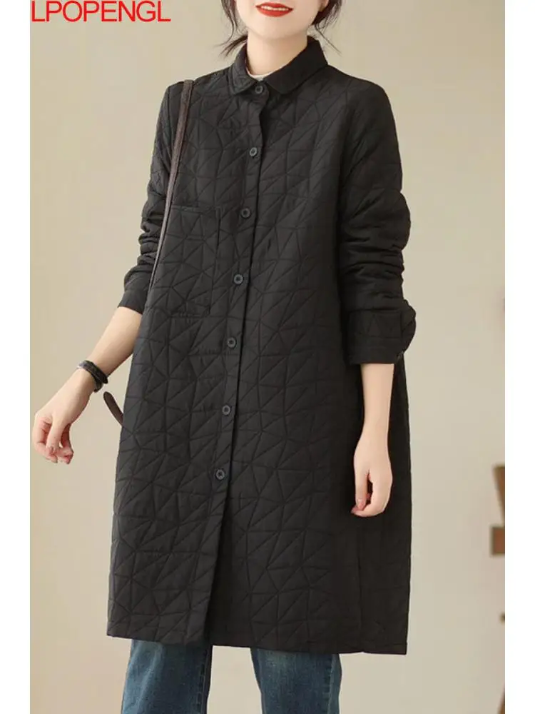 

New Fashion Woman Autumn And Winter Vintage Solid Color Mid-length Diamond Long Sleeves Single Breasted Wide-waisted Cotton Coat