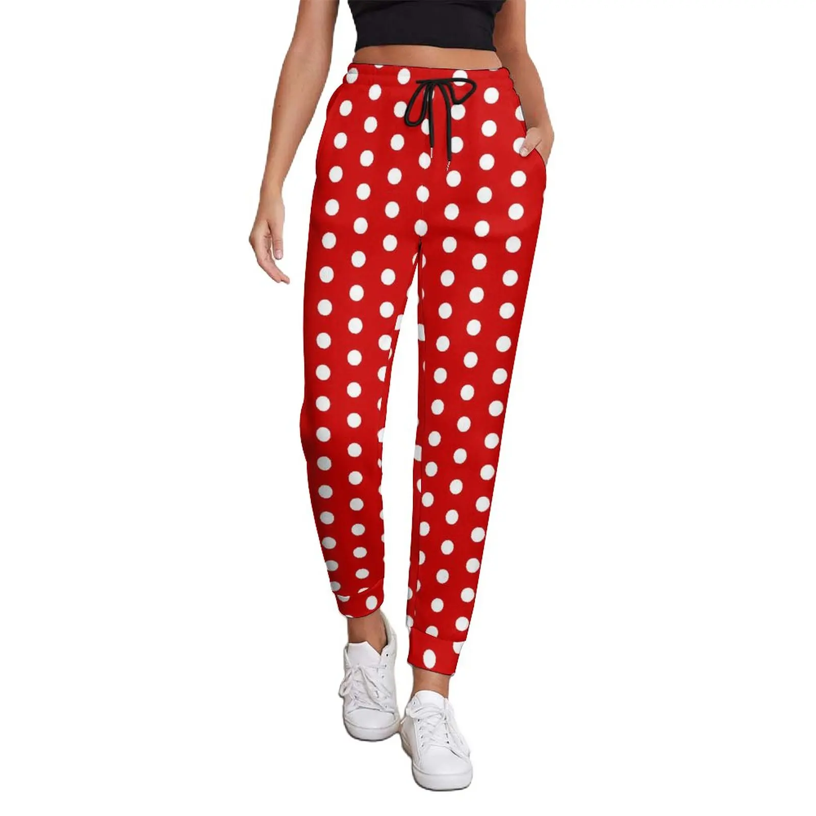 

Vintage Polka Dots Jogger Pants Spring Red and White Casual Joggers Women Y2K Pattern Trousers Big Size 3XL