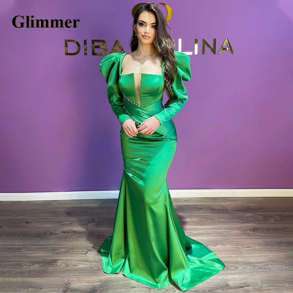 

Glimmer Modern Square Collar Graduation Dresses Full Sleeves Mermaid Beadings Satin Sweep Train Robes De Soiree Personalised