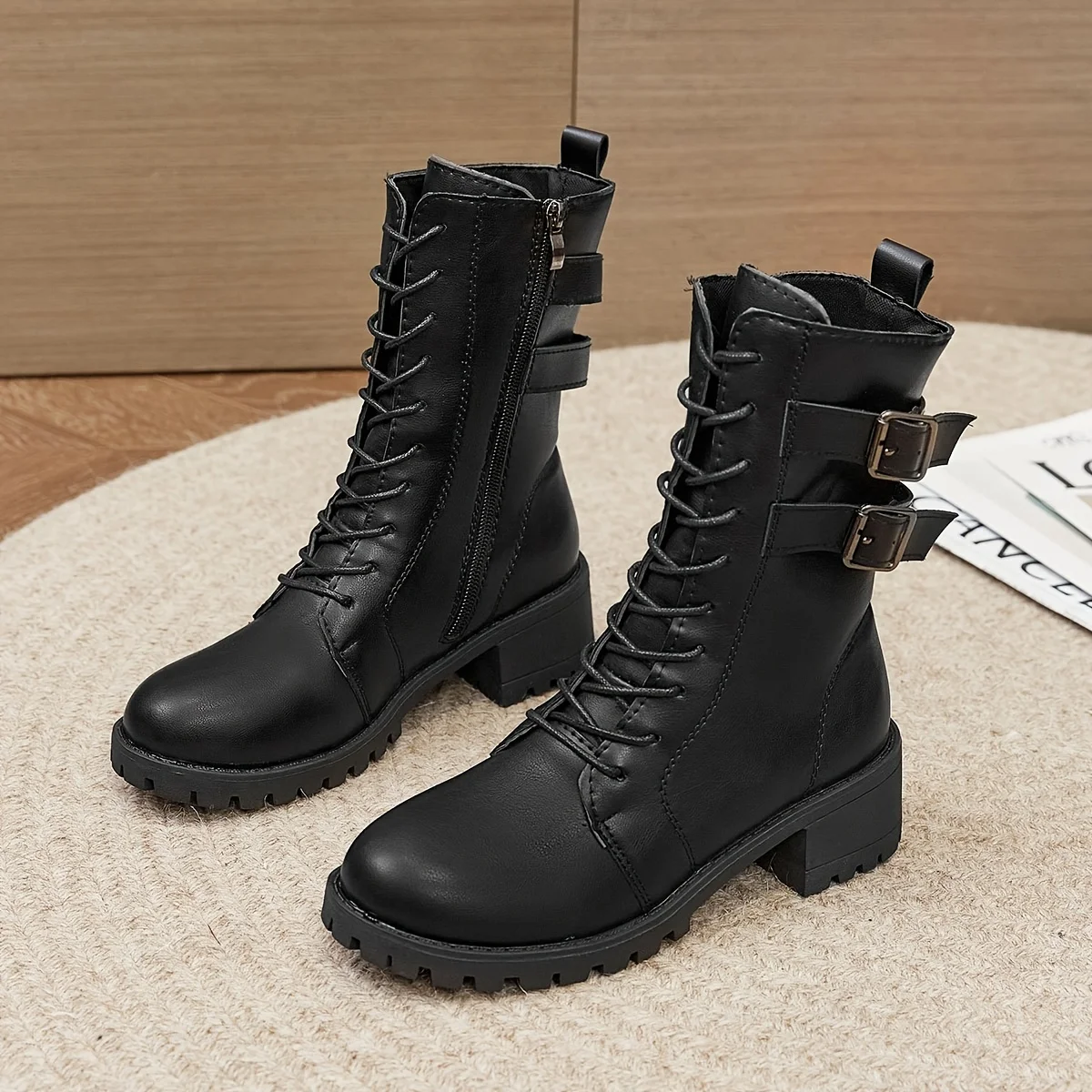 Women's Solid Minimalist Boots 2026 Winter Short Plush Shoes for Women Lace Up Chunky Heel Comfy Boots Versatile Mid Calf Boots