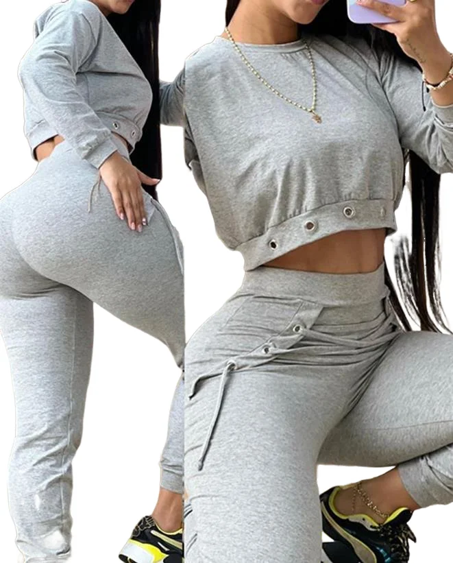 New 2023 Autumn Winter New Fashion Casual O Neck Long Sleeves Eyelet Lace Up Daily Medium Stretch Sweatpants and Sweatshirt Sets