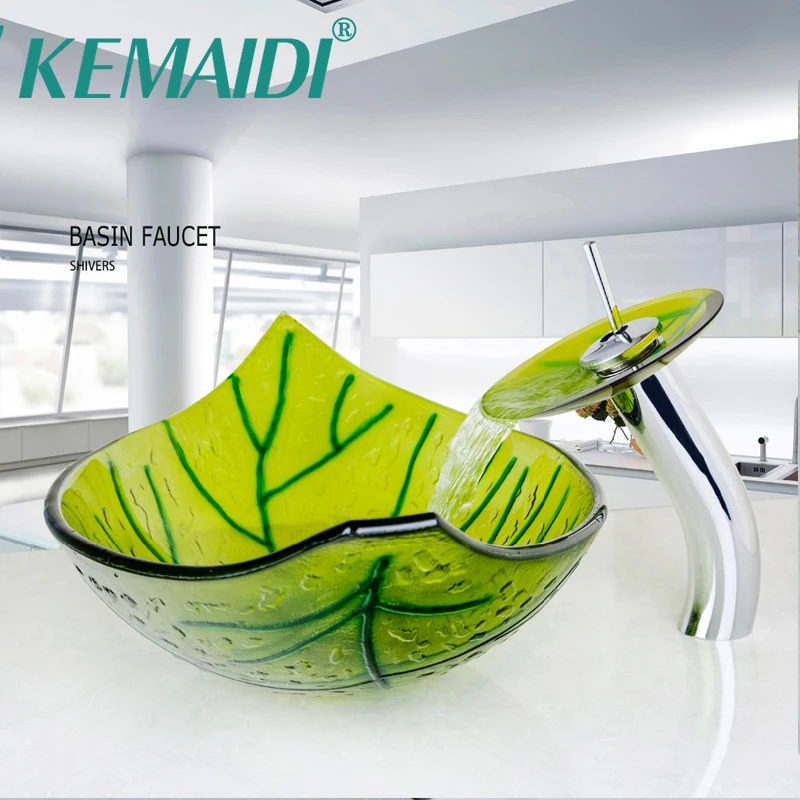 Green Leaf Shape Bathroom Wash Basin Sink Faucet Combo Temper Glass Vessel Basin Sinks W/ Waterfall Mixer Drain Sets